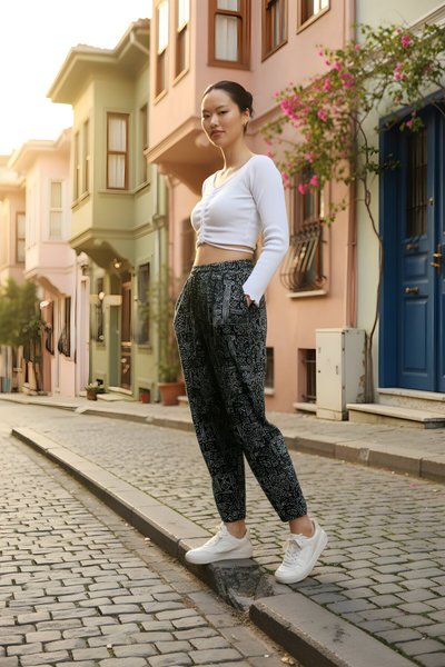 بنطلون شروال رياضي كاكي مطبوع قماش مجعد