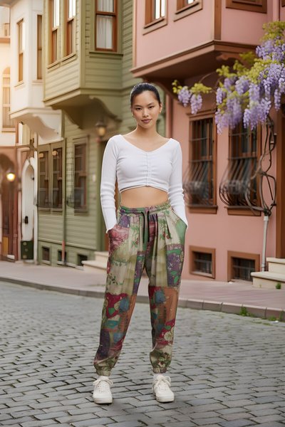 Haki Baskılı Sokak Tarzı Spor Bürümcük Şalvar Pantolon