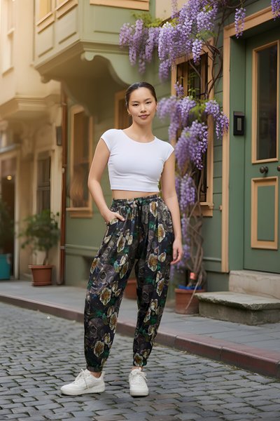 بنطال شروال رياضي خاكي مطبوع بقماش مجعد