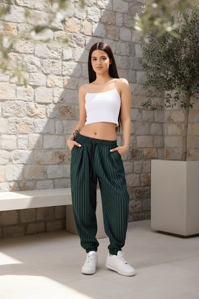 بنطال شروال رياضي زيتي مخطط ستايل الشارع