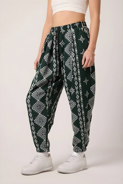 Haki Jakar Desenli Sokak Tarzı Spor Şalvar Pantolon