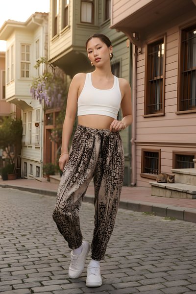 Kahverengi Desenli Jakar Sokak Tarzı Spor Şalvar Pantolon