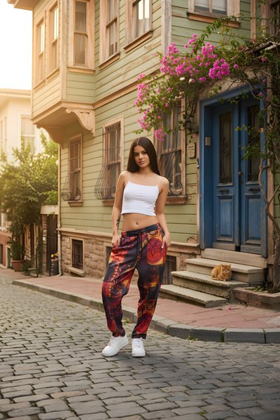 Kırmızı Baskılı Baget Spor Sokak Tarzı Pantolon