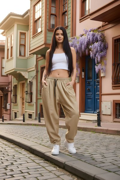 Krem Baskılı Sokak Tarzı Spor Şalvar Pantolon