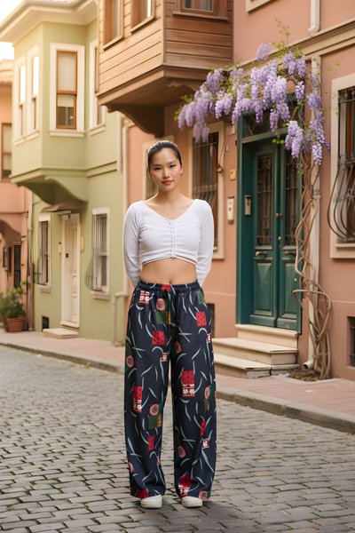 Lacivert Baskılı Sokak Tarzı Spor Baggy Bürümcük Pantolon