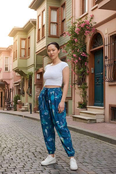 Mavi Baskılı Sokak Tarzı Spor Şalvar Bürümcük Pantolon