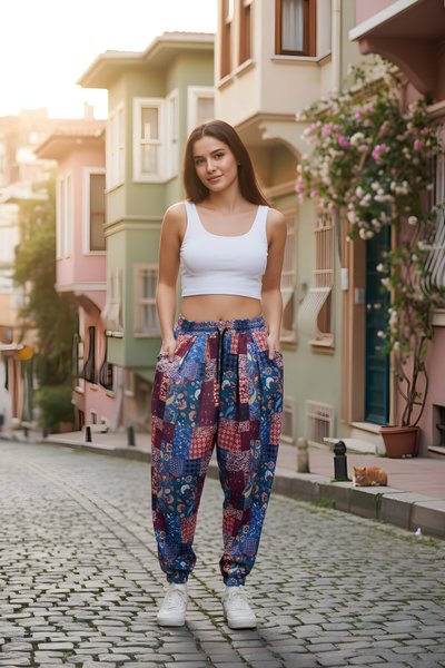 Mavi Baskılı Sokak Tarzı Spor Şalvar Bürümcük Pantolon