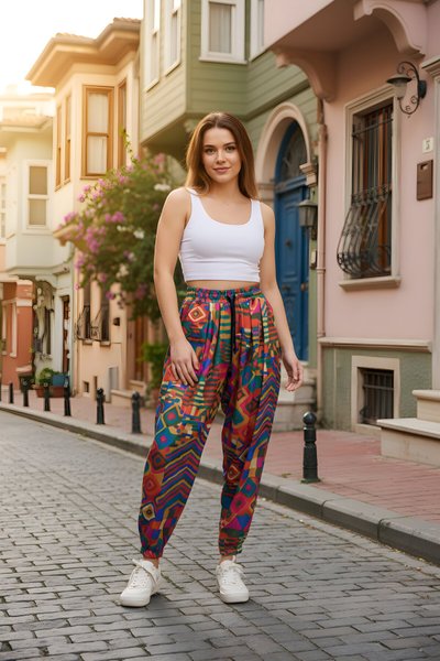 Pembe Baskılı Sokak Tarzı Spor Bürümcük Şalvar Pantolon