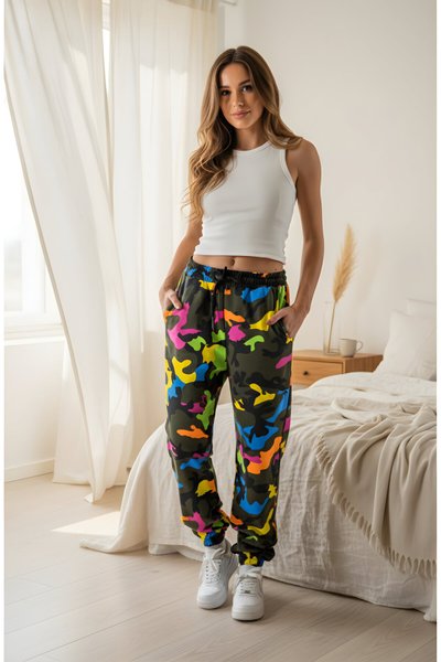 Renkli Kamuflaj Jogger Paçası Lastiklili Pantolon