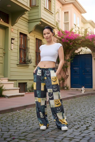 Sarı Baskılı Spor Baggy Bürümcük Pantolon