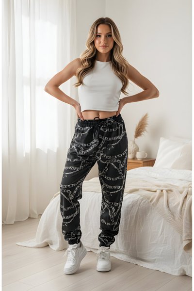 Siyah Dijital Baskılı Zincir Desenli Jogger Pantolon