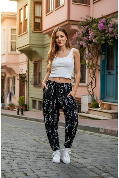 Siyah Etnik Desenli Baget Jakar Pantolon