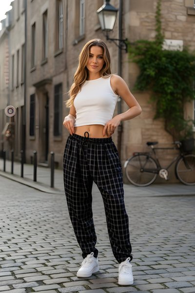 بنطال شروال أسود جاكار بنقشة مربعات بكسرات