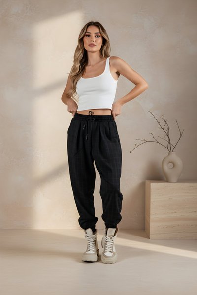 Siyah Jakar Şalvar Pileli Pantolon