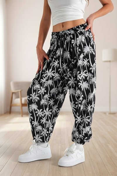 Siyah Palmiye Desenli Şalvar Pileli Pantolon