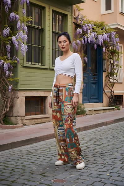 Turuncu Baskılı Spor Baggy Sokak Tarzı Bürümcük Pantolon