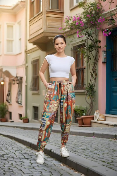 بنطال شروال رياضي برتقالي مطبوع قماش بورومجيك