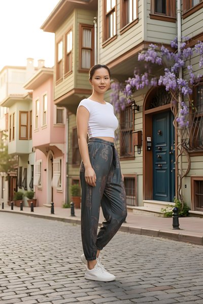 Yeşil Baskılı Sokak Tarzı Spor Bürümcük Şalvar Pantolon