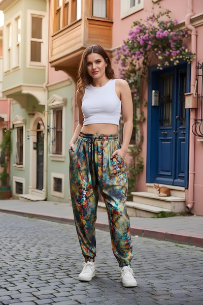 Yeşil Baskılı Sokak Tarzı Spor Şalvar Bürümcük Pantolon