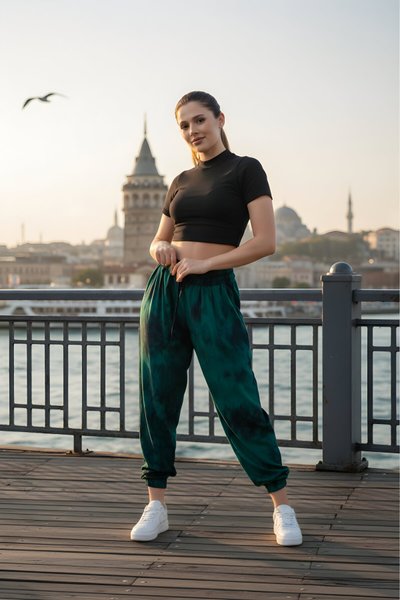 Yeşil Batik Desenli Şalvar Lastikli Pantolon