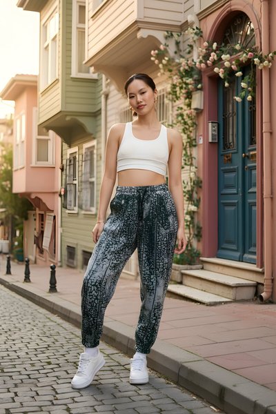 Yeşil Desenli Jakar Sokak Tarzı Spor Şalvar Pantolon