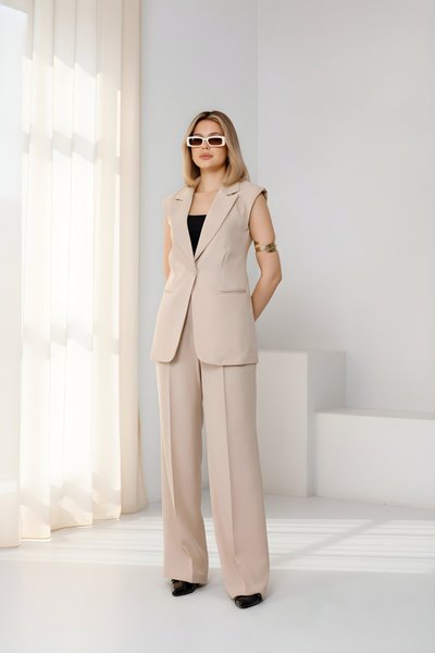 Bej İkili Yelekli Elbise Tesettür Takım