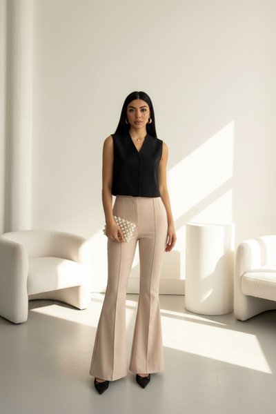 بنطال قماش أرجل واسعة لون بيج