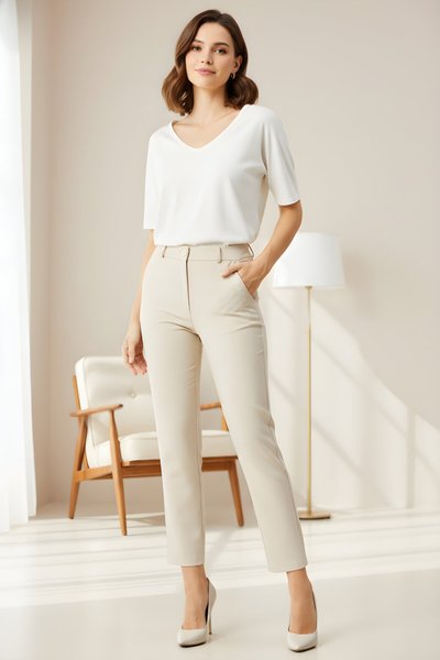 Bej Klasik Bilek Boy Dar Paça Havuç Pantolon