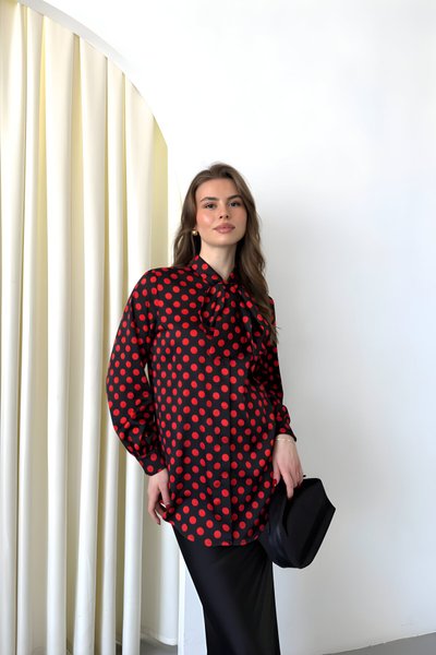 Bordo Dijital Baskı Desenli Saten Fiyonklu Gömlek