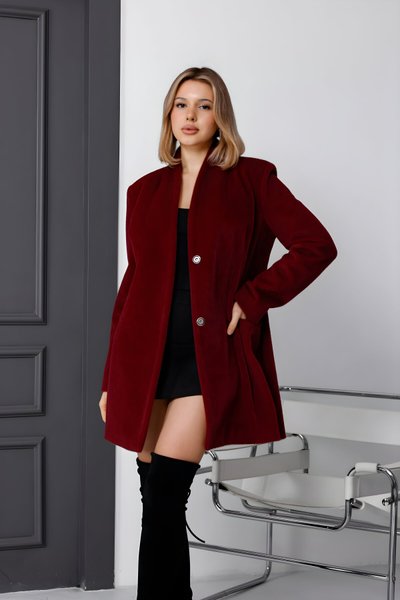 Bordo Fox Kumaş Midi Boy Heybe Cep Tüylü Kaban