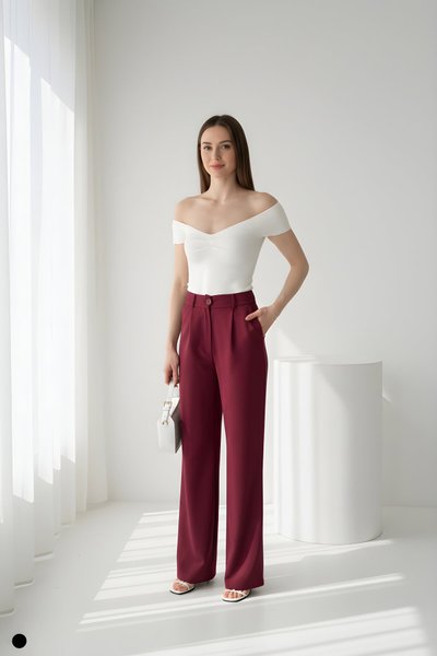 Bordo Geniş Paça Palazzo Cepli Klasik Kumaş Pantolon