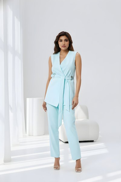Buz Mavi Tokalı Kuşaklı Yelek Pantolon İkili Takım