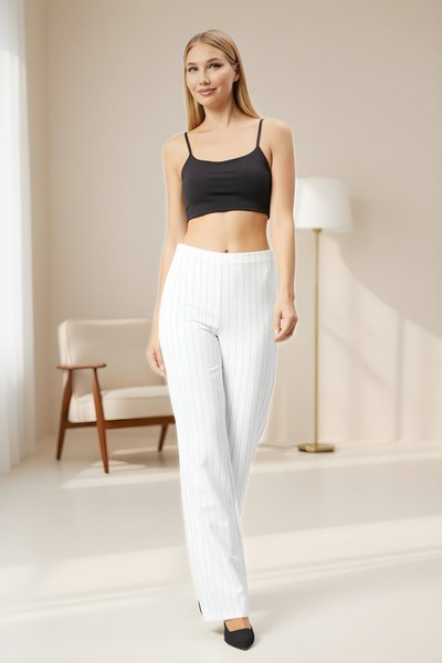 Ekru Çizgili Bol Paça Kumaş Pantolon