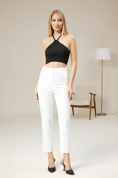Ekru Yüksek Bel Dar Paça Bilek Boy Cep Detaylı Kumaş Pantolon