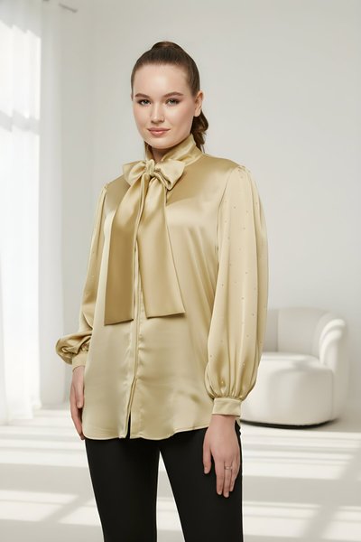Gold Balon Kol Fiyonk ve Taş Detaylı Saten Gömlek
