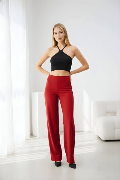 Wide Leg Striped Fabric Pants - Red