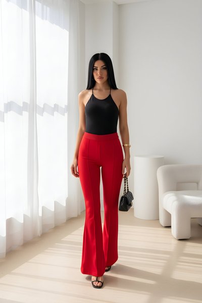 Kırmızı İspanyol Paça Beli Lastikli Çimalı Pantolon