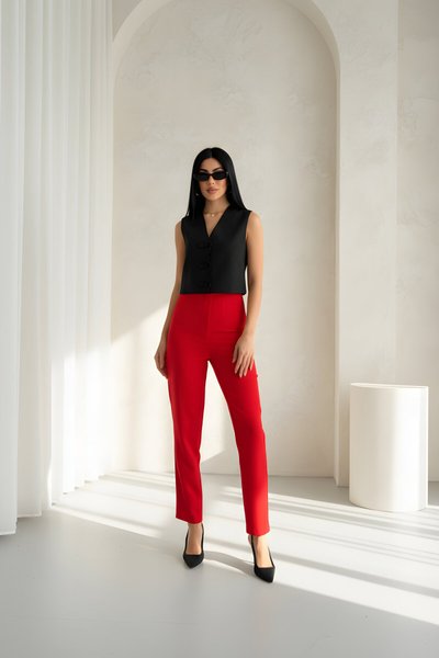 Kırmızı Yüksek Bel Dar Paça Bilek Boy Cep Detaylı Kumaş Pantolon