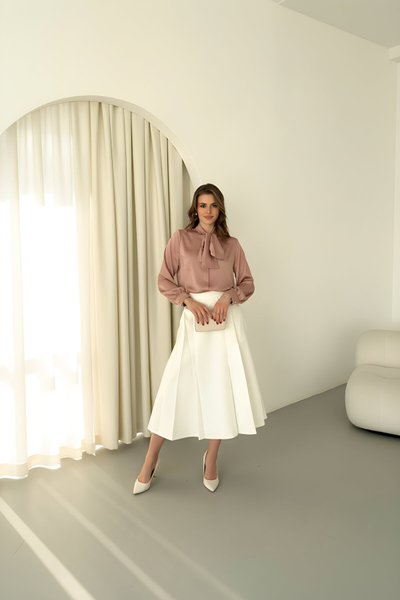 Koyu Pudra Düz Klasik Fiyonklu Saten Gömlek