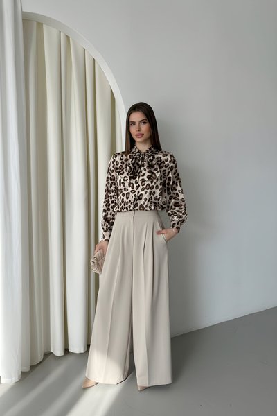 Leopar Dijital Baskı Desenli Fiyonklu Saten Gömlek