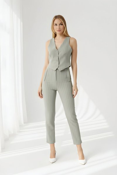 Mint Çizgili Yüksek Bel Bilek Boy Cep Detaylı Kumaş Pantolon