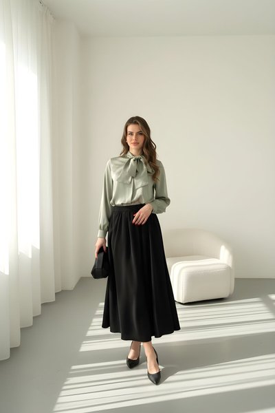 Mint Düz Klasik Fiyonklu Saten Gömlek