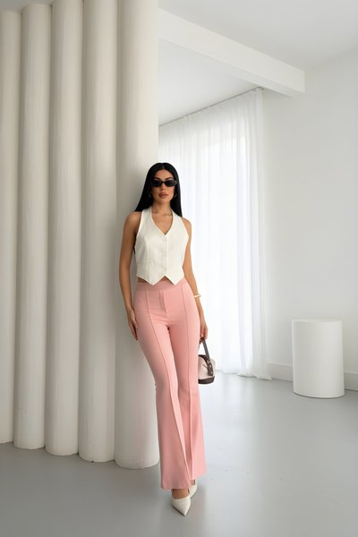 Pudra İspanyol Paça Beli Lastikli Çimalı Pantolon