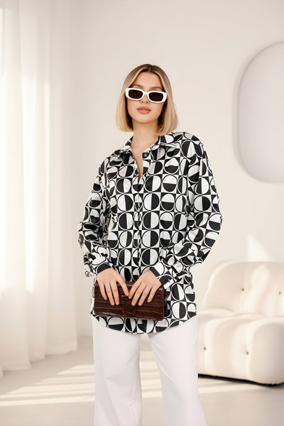 Siyah Dijital Baskı Desenli Saten Gömlek