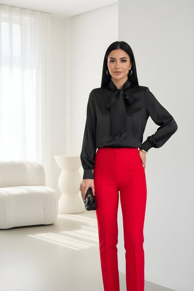 Siyah Düz Klasik Fiyonklu Saten Gömlek