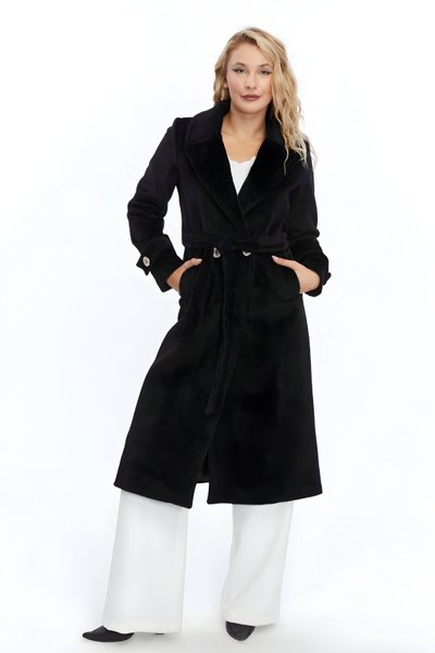 Siyah Fox Kürk Detaylı Kuşaklı Kaşe Kaban