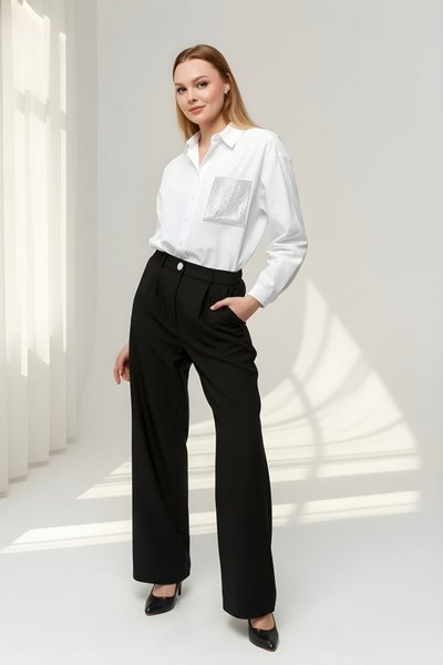 Siyah Klasik Geniş Paça Palazzo Cepli Kumaş Pantolon