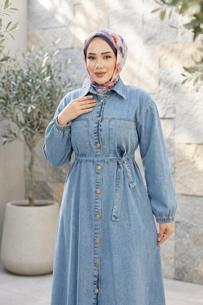 Açık Mavi Gömlek Yaka Kemerli Kot Elbise