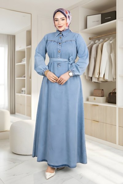 Açık Mavi Kemerli Düğmeli Kot Elbise