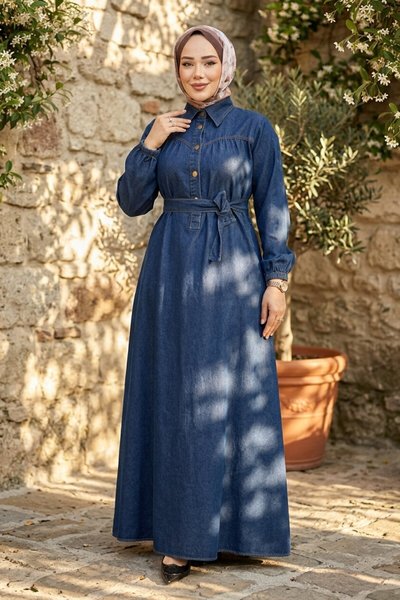 Koyu Mavi Kemerli Düğmeli Kot Elbise Takım